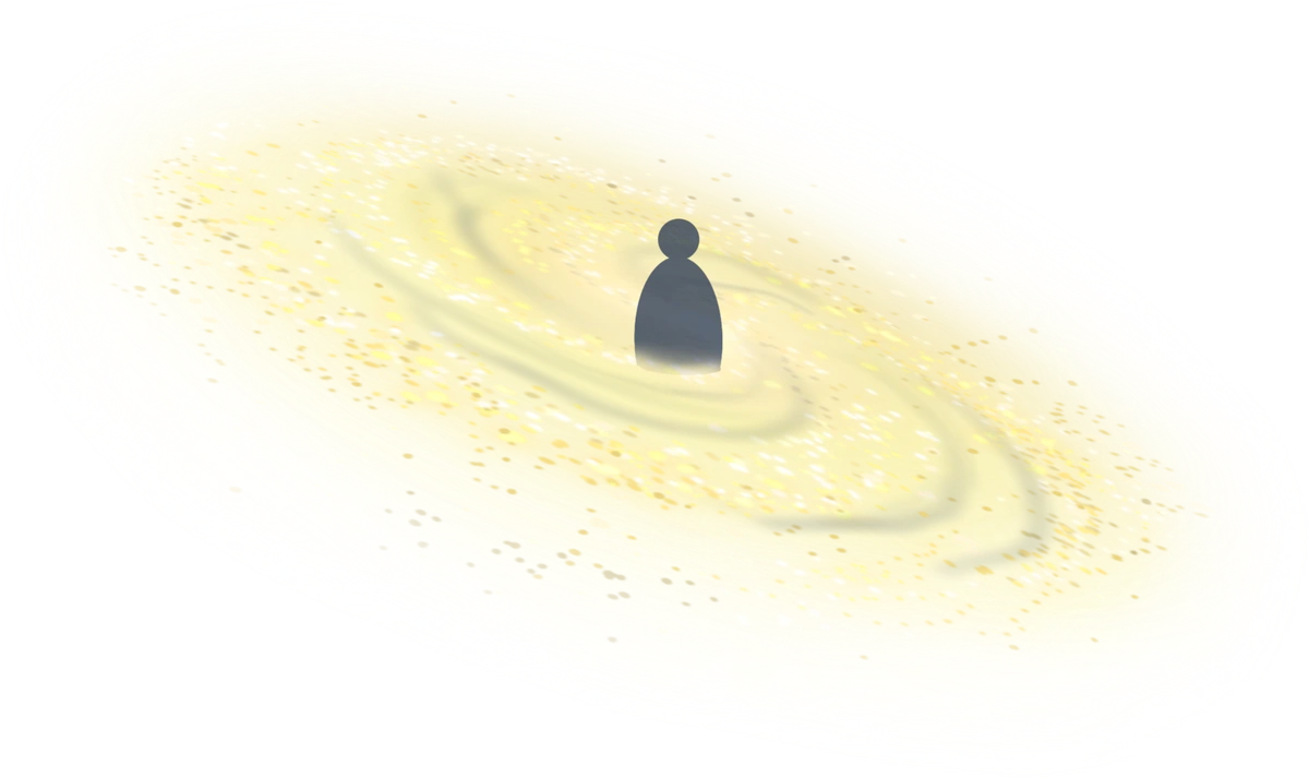 A golden spiral galaxy with a figure at its center, symbolizing the Soul's journey