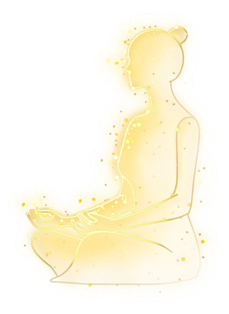 A golden line-art figure seated in meditation pose, glowing with light