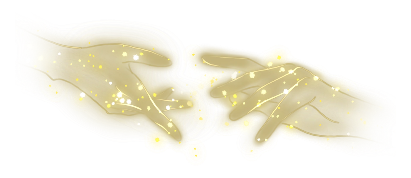 Two hands reaching toward each other, illuminated with golden light and stars